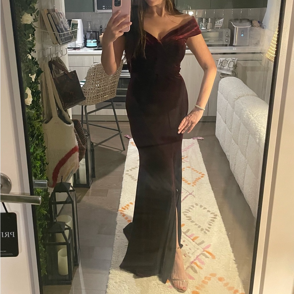 AQUA Off-the-Shoulder Fluted Velvet Gown, Size 4, Worn Once